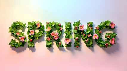 Fototapeta premium The word “SPRING” crafted in bold 3D letters, entirely made from blooming flowers and green leaves, set against a soft pastel gradient background