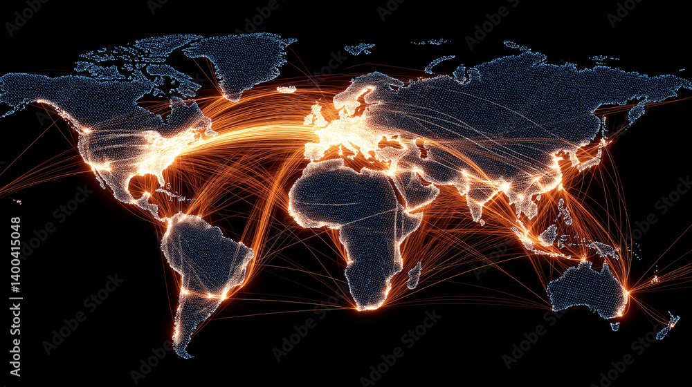 Poster global logistics network map with shipping lines and connectivity