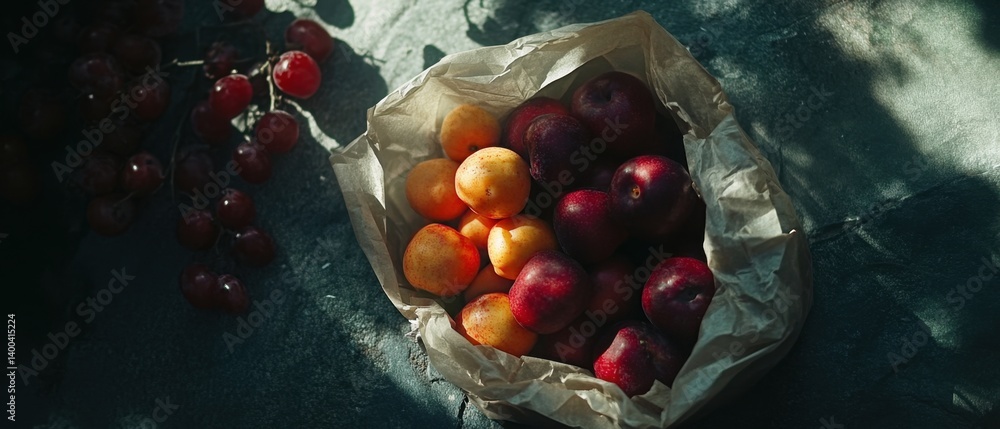 Aufkleber fresh apricots plums and grapes in a paper bag on a stone surface with natural light creating a rust