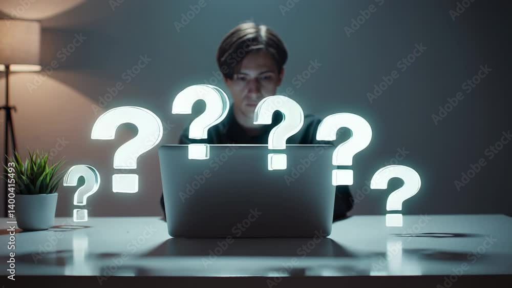 Poster Young programmer working at night with laptop and many question marks appearing above the screen, representing decision making and problem solving