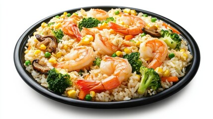 A plate of shrimp fried rice featuring shrimp, rice, broccoli, peas, carrots, and corn, presented on a black plate.