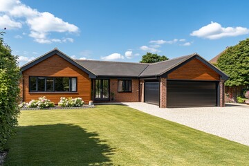 Modern detached home with inviting curb appeal.  Landscaped front yard with manicured grass and flowerbeds.  Spacious, two-car garage