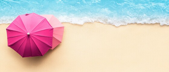Vibrant beach scene featuring two pink umbrellas on golden sand meeting turquoise ocean waves creating a serene summer vibe perfect for travel and relaxation