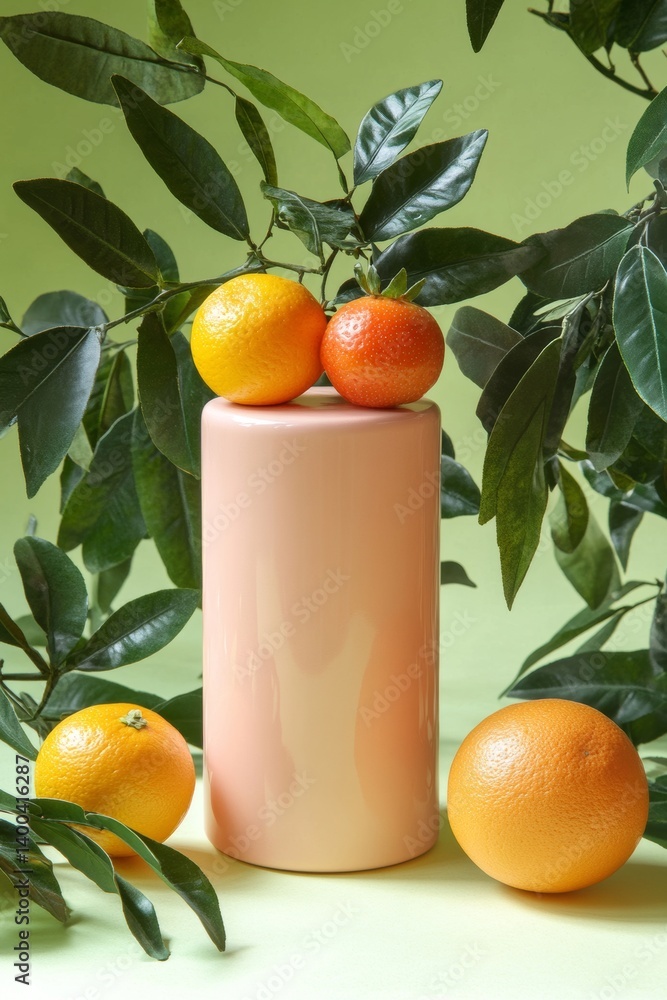 Poster a delightful scene with ripe oranges and a strawberry, skillfully placed on angular surfaces. warm c
