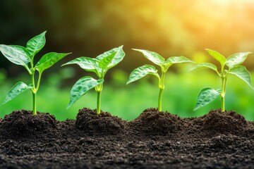 Fototapeta premium In a picturesque rural setting, rows of young green seedlings soak up the warm afternoon sun, highlighting the dedication to sustainable agriculture and organic farming