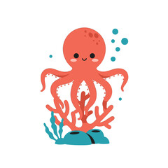 Cute Cartoon Octopus: This captivating illustration showcases a charming cartoon octopus with its tentacles playfully arranged.