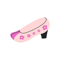 Traditional Korean Woman Shoe. Old Fashioned female boot pink color flowers heel. Flat vector illustration