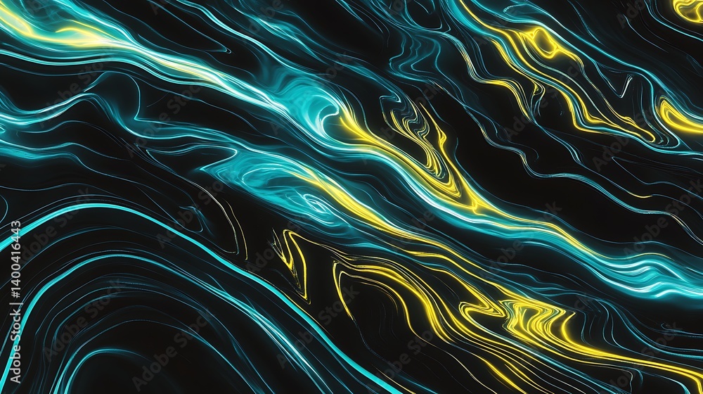 Poster abstract flowing patterns with vibrant turquoise and yellow glowing lines against a dark background,