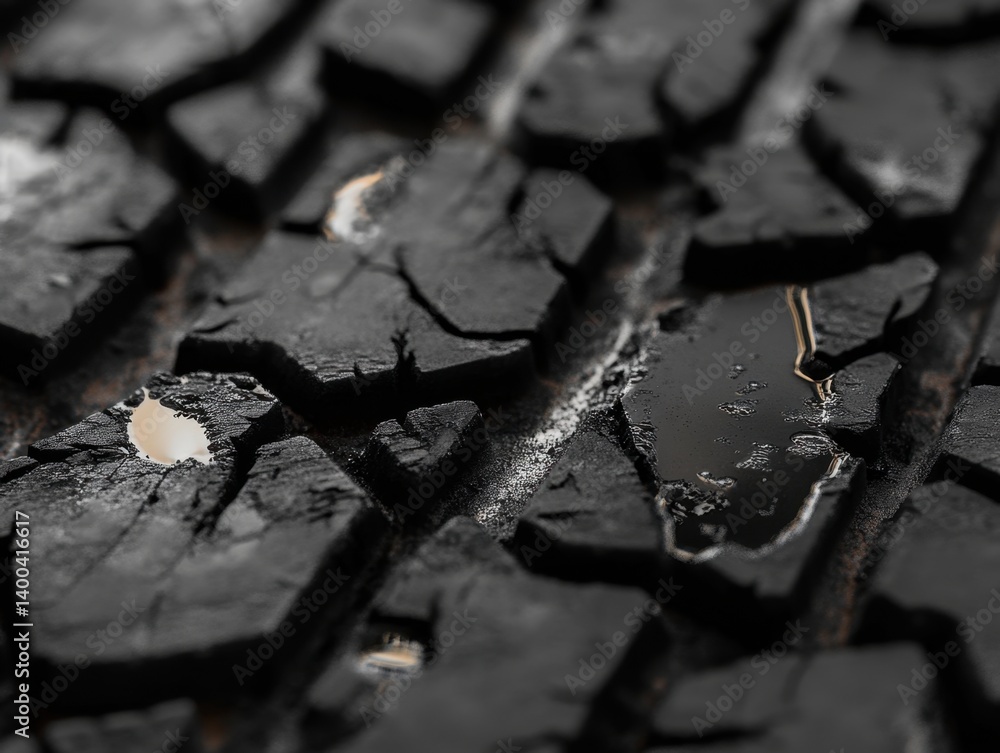 Poster abstract close up of wet cracked mud surface reflecting light with shallow depth of field and dark m