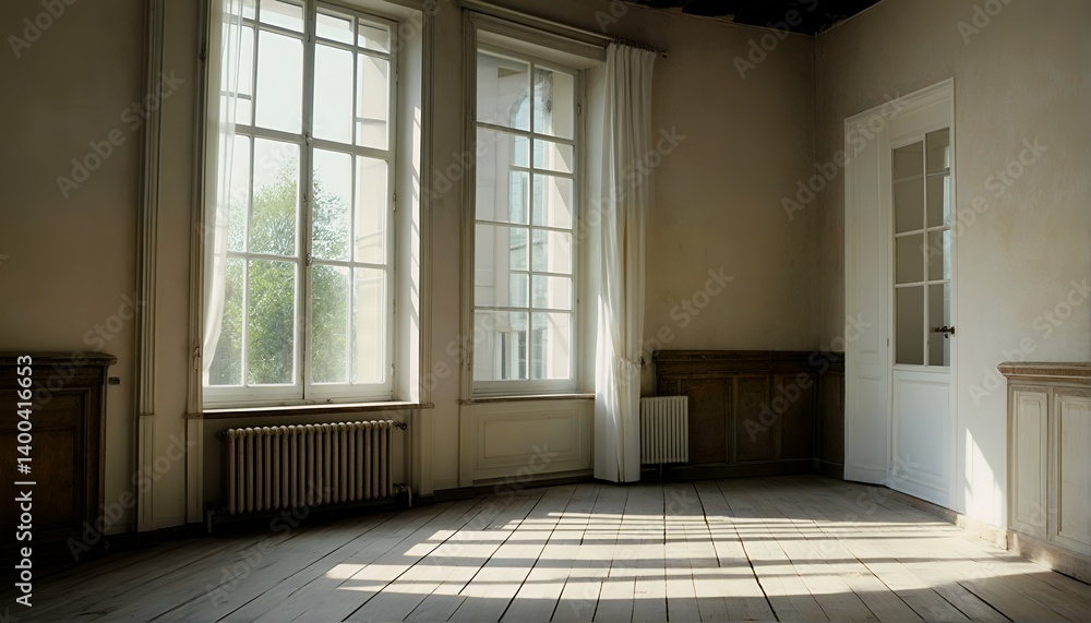 Poster sunlight streams across a worn wooden floor in a sparsely furnished room with tall windows and muted