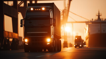 Truck in Port at Sunrise with Logistics and Cargo Operations