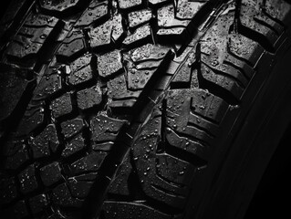 Dramatic close up of a wet black tire tread pattern emphasizing texture and depth for automotive themes and industrial design with dark background
