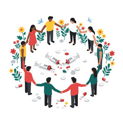 Circle of Support: A visual depiction of a support network encircling discarded syringes and pills, illustrating solidarity and communal efforts in addressing substance abuse