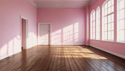 Obraz premium a sunlit, empty room features pale pink walls, tall arched windows, and gleaming hardwood floors creating a serene and spacious interior.