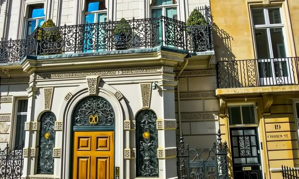 Beautiful house in Mayfair. Door and balcony with metal work details  