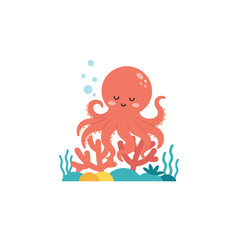 Happy Octopus Illustration: A charming illustration of a cheerful octopus, depicted with a friendly smile. The octopus is surrounded by colorful coral, bubbles, and other sea plants.