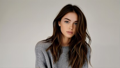 Obraz premium a strikingly beautiful woman with long, wavy brown hair gazes directly at the viewer against a neutral gray background while wearing a textured gray sweater.