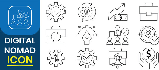 Digital nomad icon set. Freelancer, influencer, traveler, remote work, technology, people, internet more. Vector illustration.