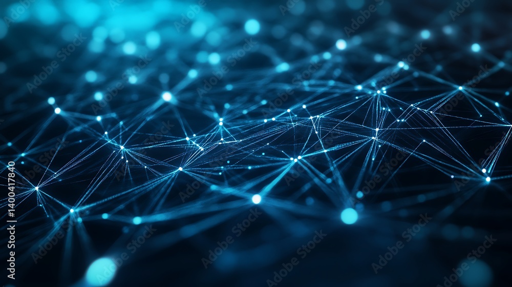 Poster abstract representation of digital connections and networks with luminous blue nodes and intricate l