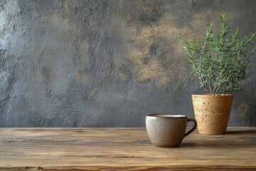 Coffee Cup and Potted Plant on Rustic Wooden Table Background