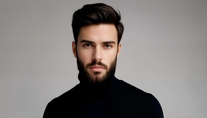 Obraz premium a striking portrait of a handsome man with a neatly groomed beard and styled hair, wearing a black turtleneck against a neutral gray background.