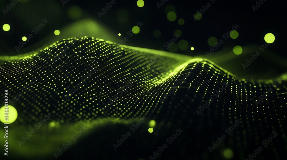 Poster abstract representation of flowing green waves characterized by glowing dots and intricate patterns,