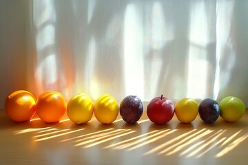 Apples, oranges, and lemons are attractively organized on a wooden shelf, forming a lively collection of fresh fruits