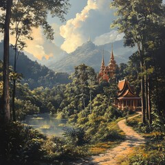 Serene Mountain Landscape with Temple and Reflective Lake Scene