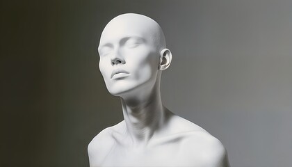 a grayscale 3d render of a bald woman's head and shoulders with eyes closed and looking upwards against a dark gradient background.