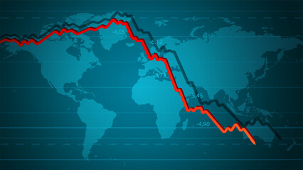 World crisis banner with dropping red chart and world map on dark blue background. Falling of economy, financial and stock market, demography, downfall trend. Vector horizontal HD template.