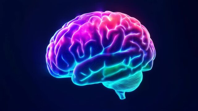 Vibrant Human Brain - Neural Network Activity - A stylized 3D video of a human brain, glowing with vibrant rainbow colors, set against a dark blue background. Light streaks emanate from the brain