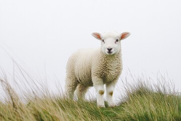 White lamb standing in short grass against a soft, blended background showcases the tranquility of a serene landscape