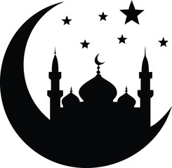 Mosque Silhouette in Crescent Moon with Stars on Transparent Background Design