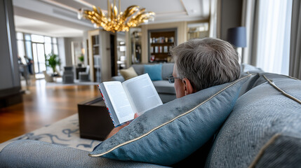 Elderly Man Reading Book in Modern Living Room