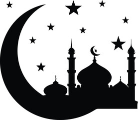 Mosque Silhouette with Crescent Moon and Stars on White Background