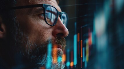 Investor Analyzing Market Trends on Digital Screen Profile View