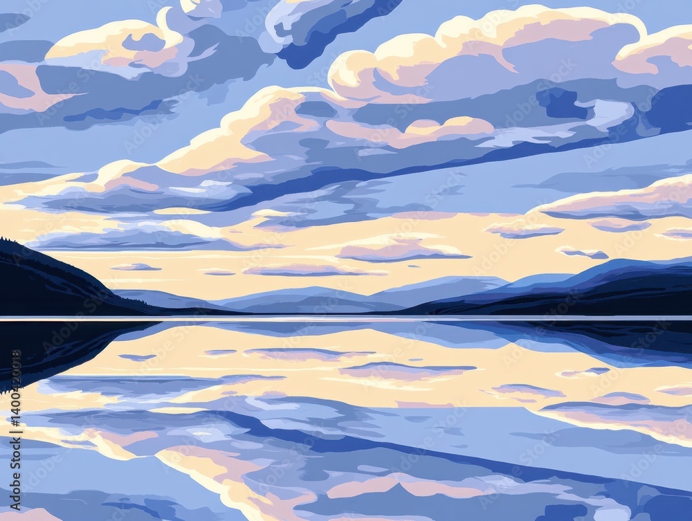 Aufkleber serene lake reflection at dusk with pastel clouds and distant mountains creating a tranquil and peac