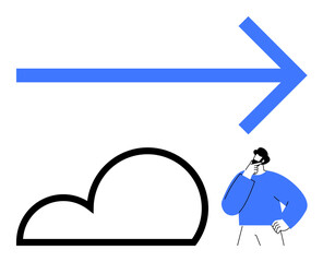 Minimalist design featuring a man deep in thought, a black cloud shape, and a bold blue arrow pointing forward. Ideal for innovation, progress, decision-making, technology, cloud computing, future