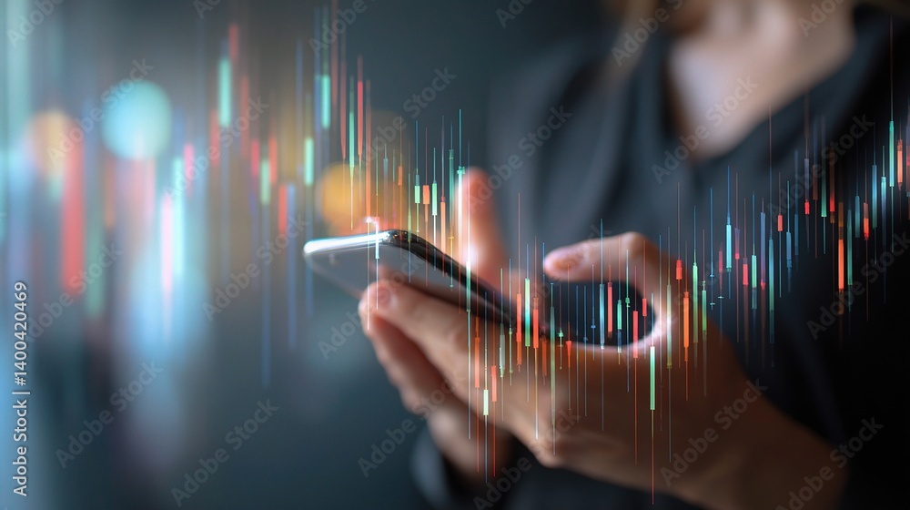 Poster double exposure of forex graph and hologram on mobile device