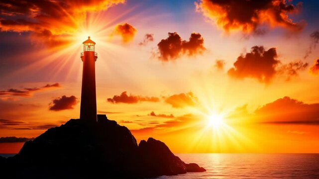 Lighthouse Sunset Seascape - A silhouetted lighthouse stands tall on a rocky outcrop against a vibrant sunset over the ocean. The sun's rays burst across the dramatic sky