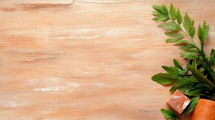 Herbal ingredients arrangement on wooden table kitchen food photography natural light close-up shot