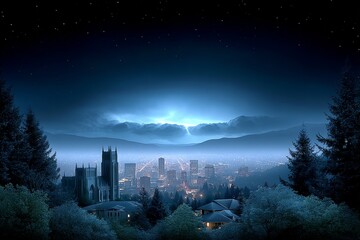 A dark cathedral looming over a city skyline with dramatic clouds and lightning in the distance