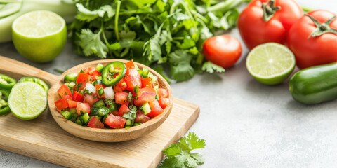 Fresh salsa made with tomatoes, jalapenos, and cilantro on wooden board, surrounded by fresh vegetables and lime