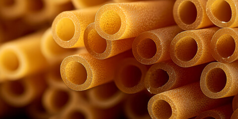 Close-up of dried pasta tubes, golden-brown color, showing texture and hollow centers, suggesting Italian cuisine and culinary themes