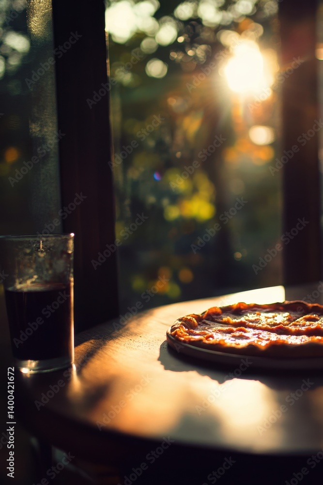Poster golden hour pizza delight with refreshing drink and sunlit view creating a cozy and inviting atmosph