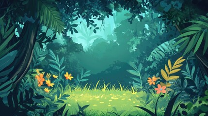 Fototapeta na wymiar Enchanting jungle scene lush forest digital art peaceful environment serene viewpoint nature concept