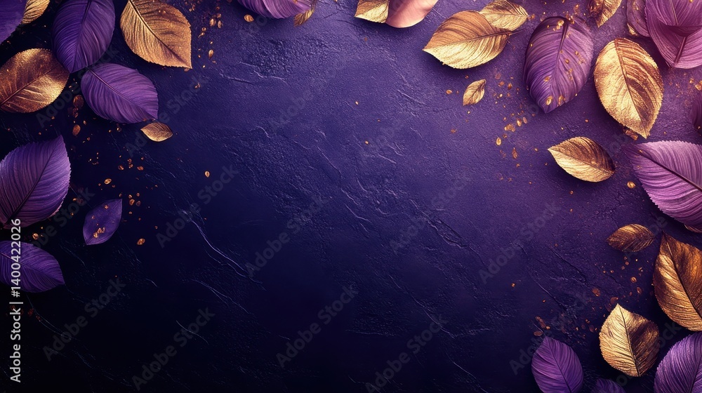 Aufkleber decorative arrangement of purple and gold leaves on a textured dark background creates an elegant an