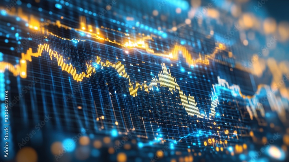 Poster financial market data visualization with glowing lines and grid background high tech investment anal