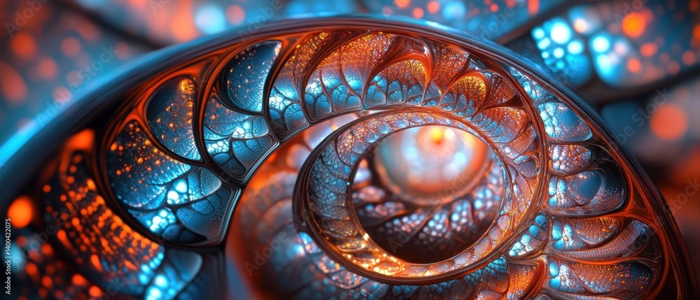 Poster captivating abstract nautilus shell with intricate blue and orange details and a mesmerizing luminou