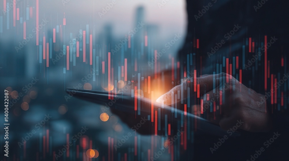 Poster man using tablet with forex candle chart overlay at dusk